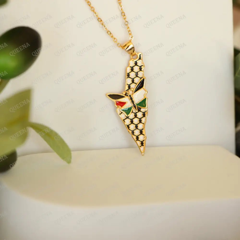 Luxury Golden Country Map By Palestinian Keffiyeh Colors And Sweet Peace Butterfly In The Of Flag-