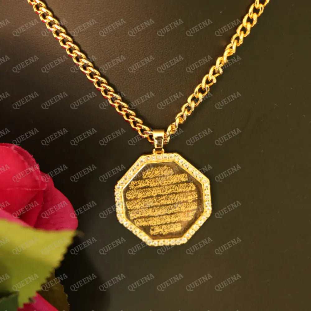 Luxury Golden Hexagonal Ayat Al kursi Long Chain Necklace Studded With Zircon Necklaces