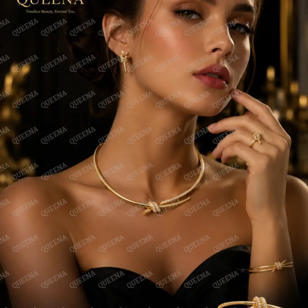 Luxury Golden Jewelry Princess Diana Full SET- Knot Double Row Hinged CHOKER AND BANGLE In Gold & Zircon - High Quality