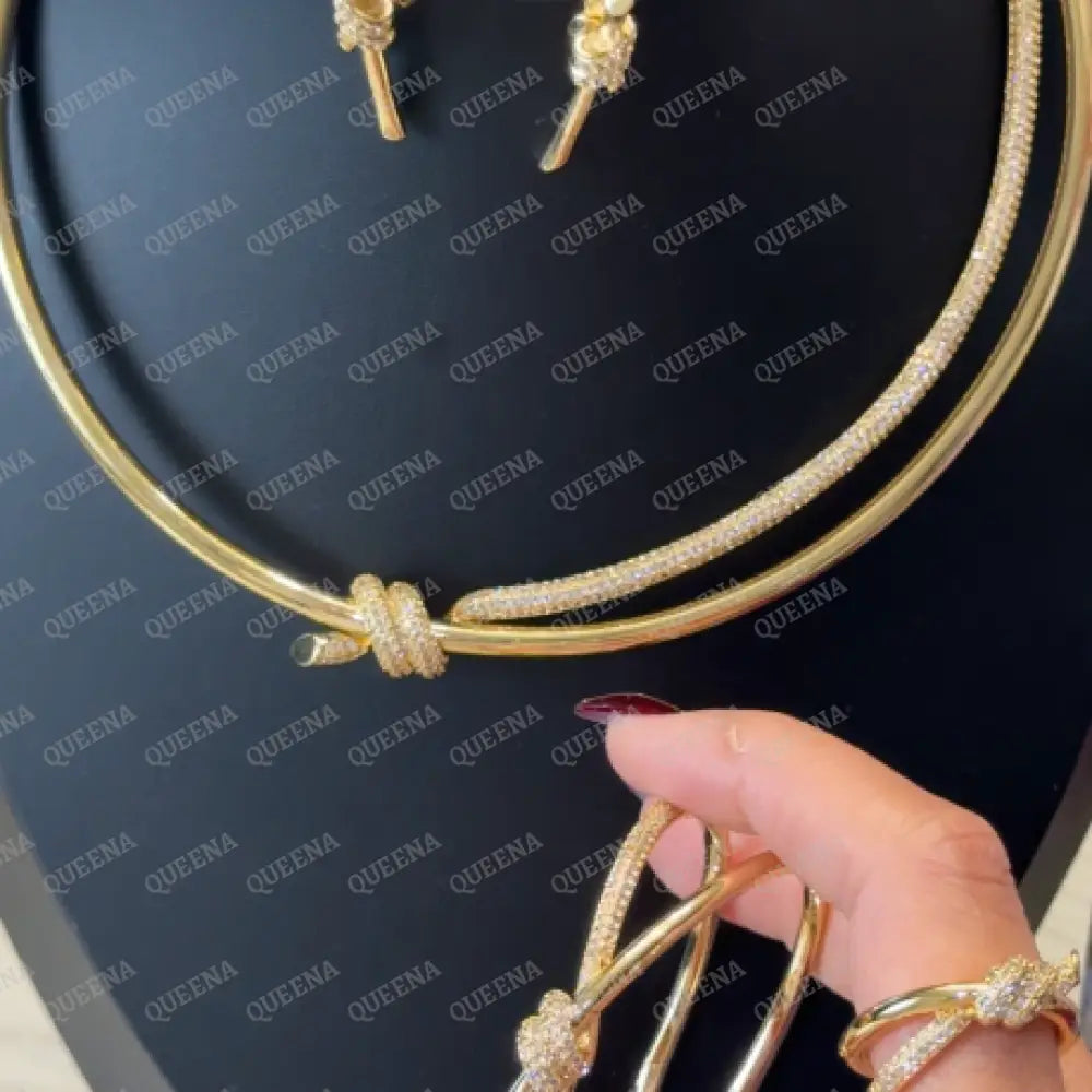 Luxury Golden Jewelry Princess Diana Full SET- Knot Double Row Hinged CHOKER AND BANGLE In Gold & Zircon - High Quality