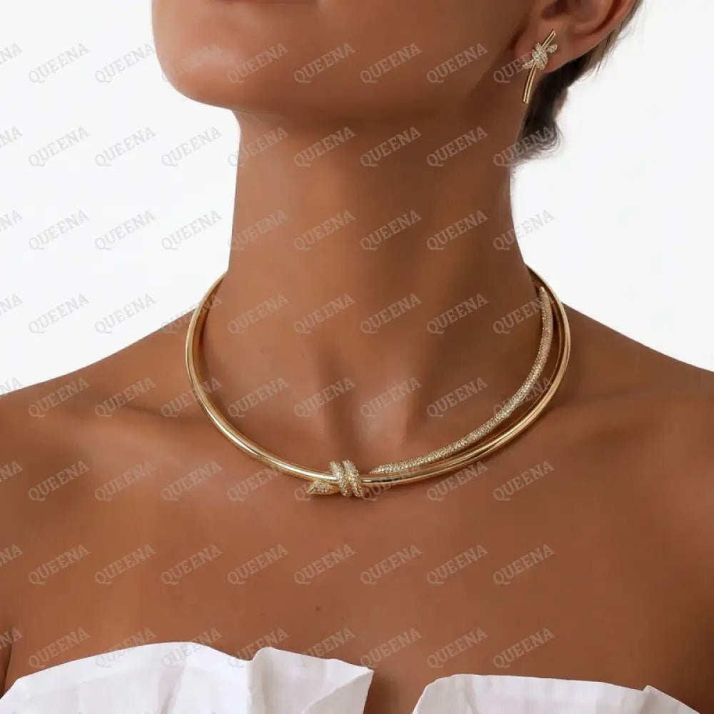 Luxury Golden Jewelry Princess Diana Full SET- Knot Double Row Hinged CHOKER AND BANGLE In Gold & Zircon - High Quality