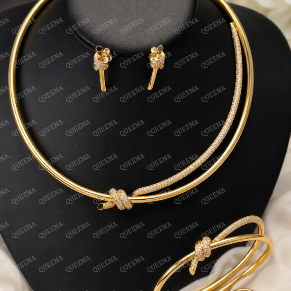 Luxury Golden Jewelry Princess Diana Full SET- Knot Double Row Hinged CHOKER AND BANGLE In Gold & Zircon - High Quality