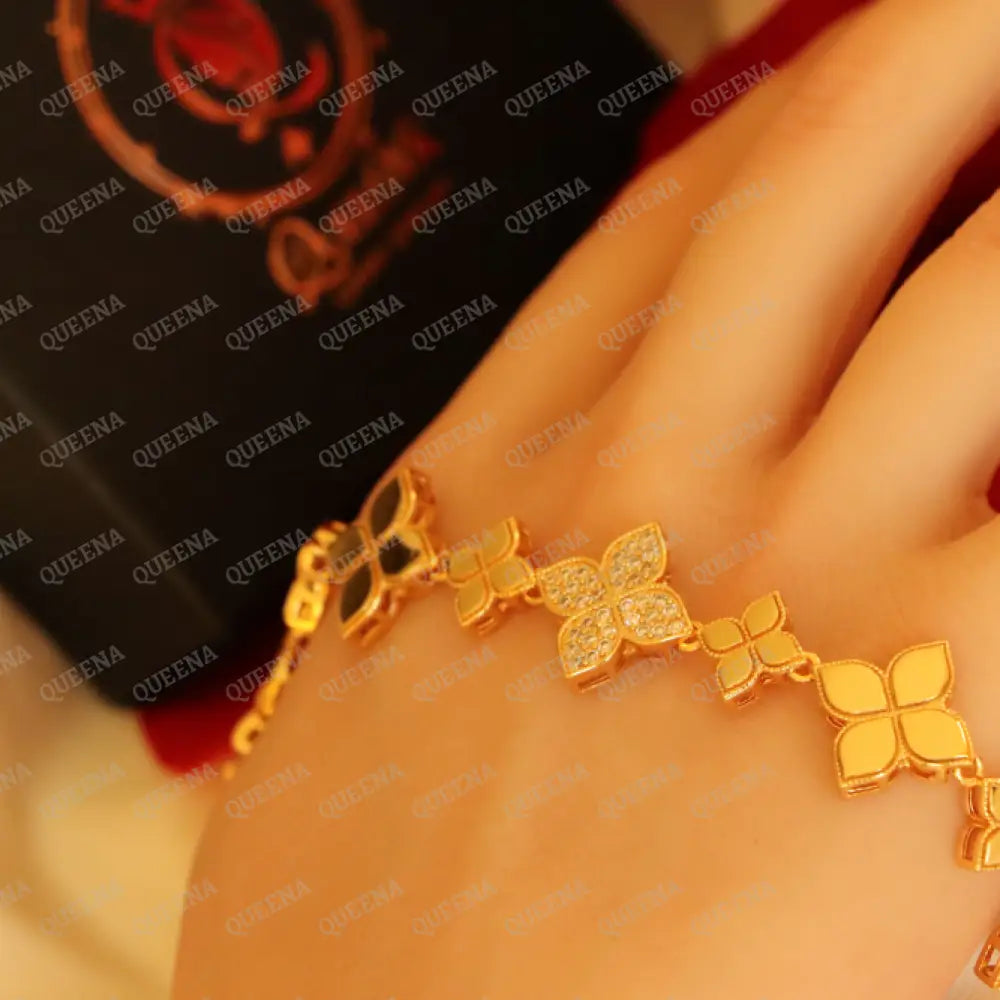 Luxury Golden Princess Flower Bracelet Studded With Zircon Stones - High Quality 18K Gold Plated