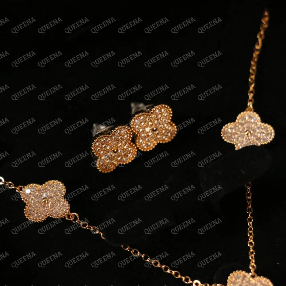Luxury Golden ROSA Floral Jewelry Set (Necklace + Earrings) Studded with Full Zircon Jewelry Sets