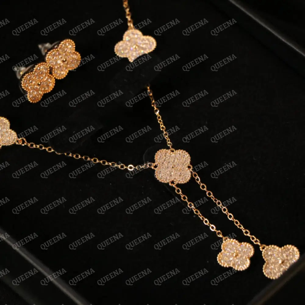 Luxury Golden ROSA Floral Jewelry Set (Necklace + Earrings) Studded with Full Zircon Jewelry Sets