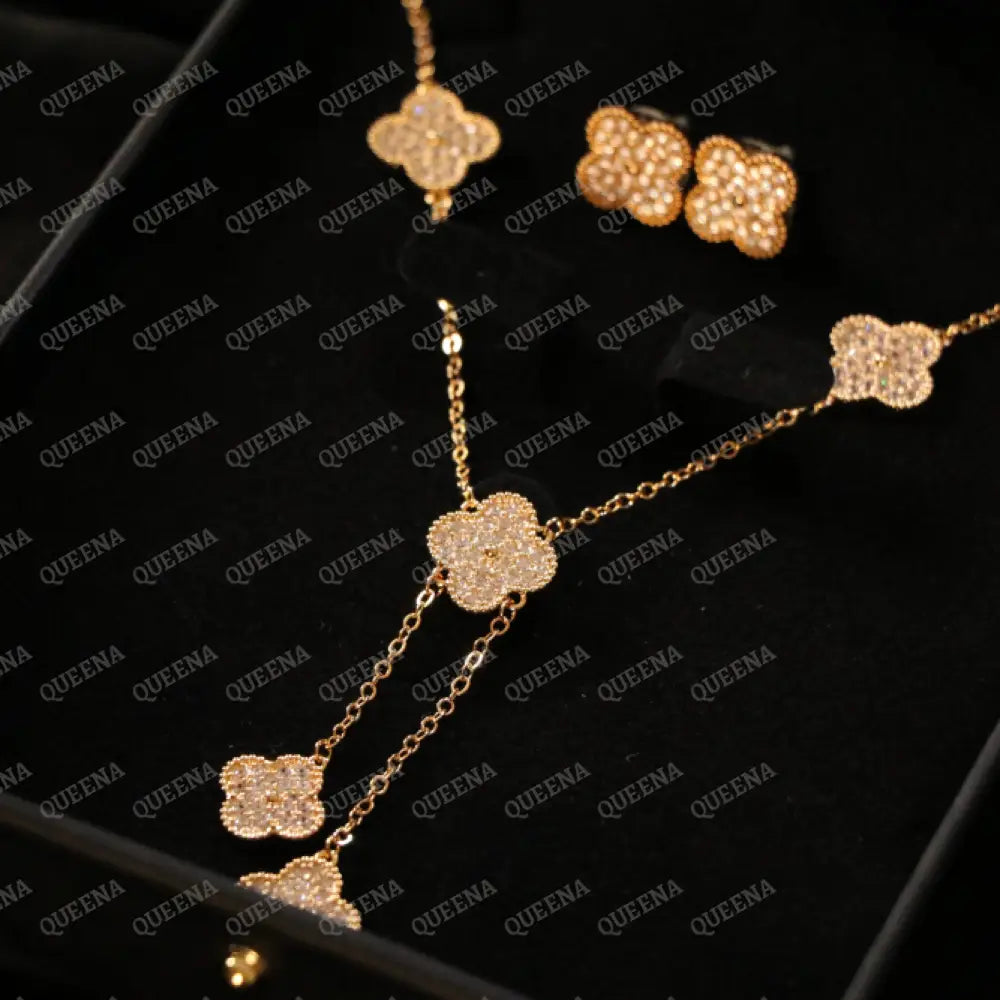 Luxury Golden ROSA Floral Jewelry Set (Necklace + Earrings) Studded with Full Zircon Jewelry Sets