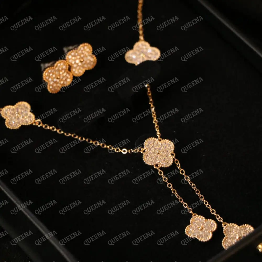 Luxury Golden ROSA Floral Jewelry Set (Necklace + Earrings) Studded with Full Zircon Jewelry Sets