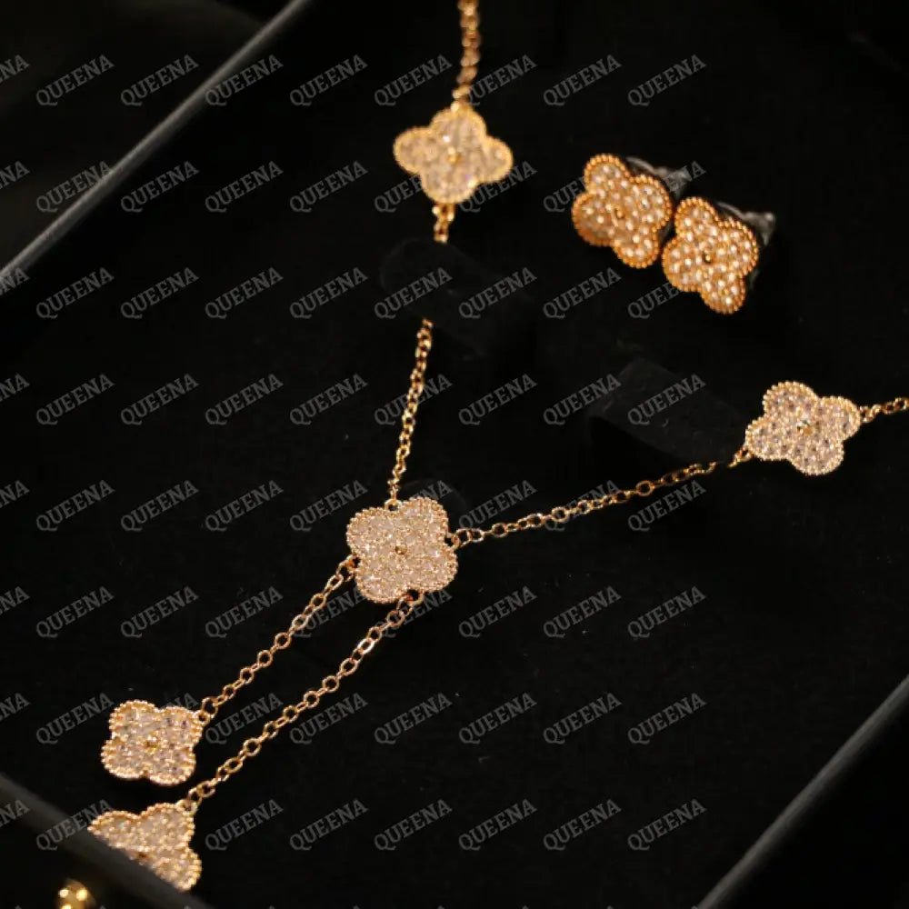 Luxury Golden ROSA Floral Jewelry Set (Necklace + Earrings) Studded with Full Zircon Jewelry Sets