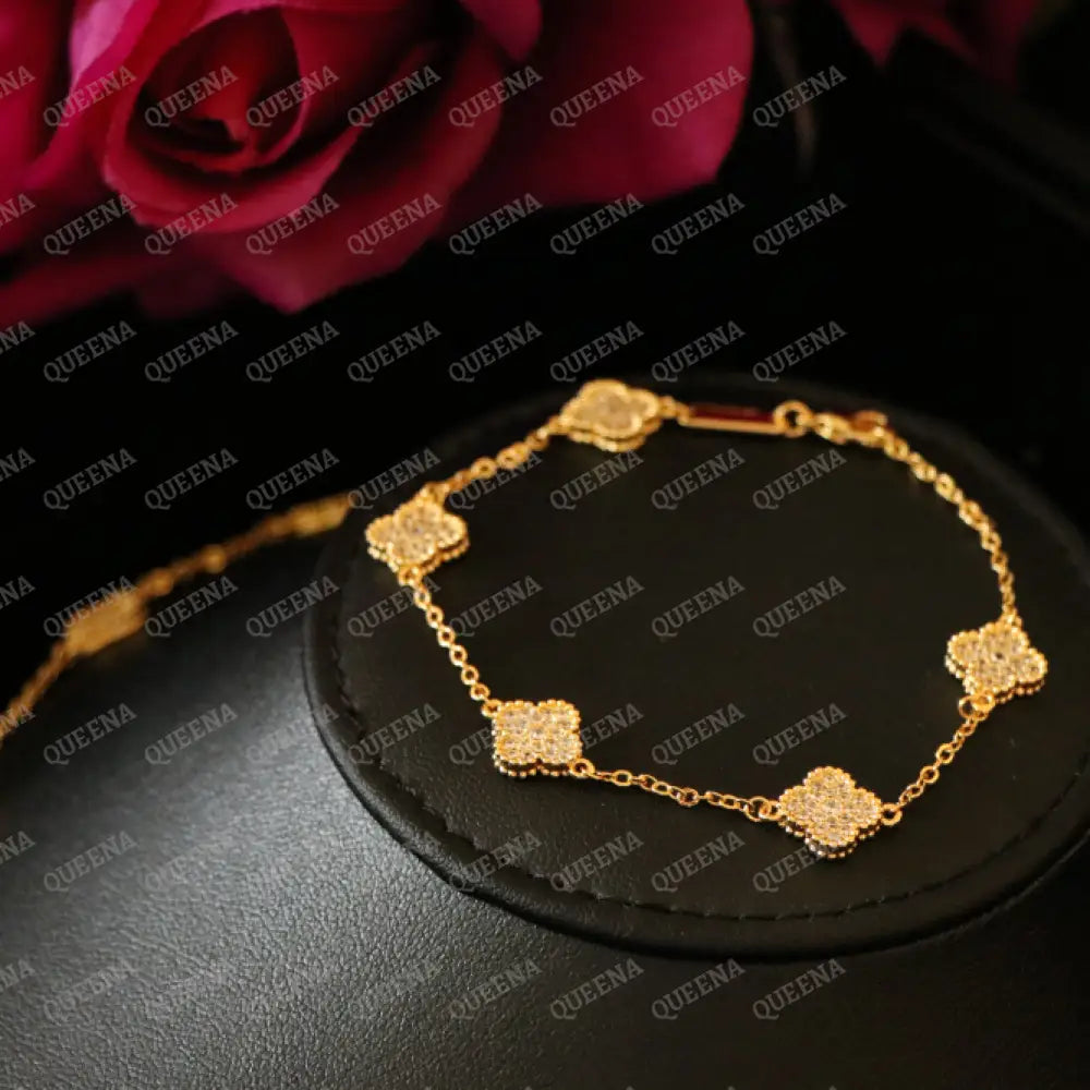 Luxury Golden ROSA Floral Jewelry Set with 10 Mini Clover Flowers (Necklace + Bracelet) Studded with Full Zircon