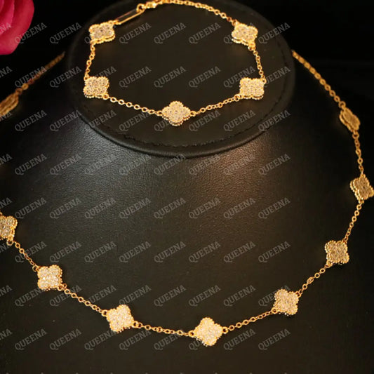 Luxury Golden ROSA Floral Jewelry Set with 10 Mini Clover Flowers (Necklace + Bracelet) Studded with Full Zircon