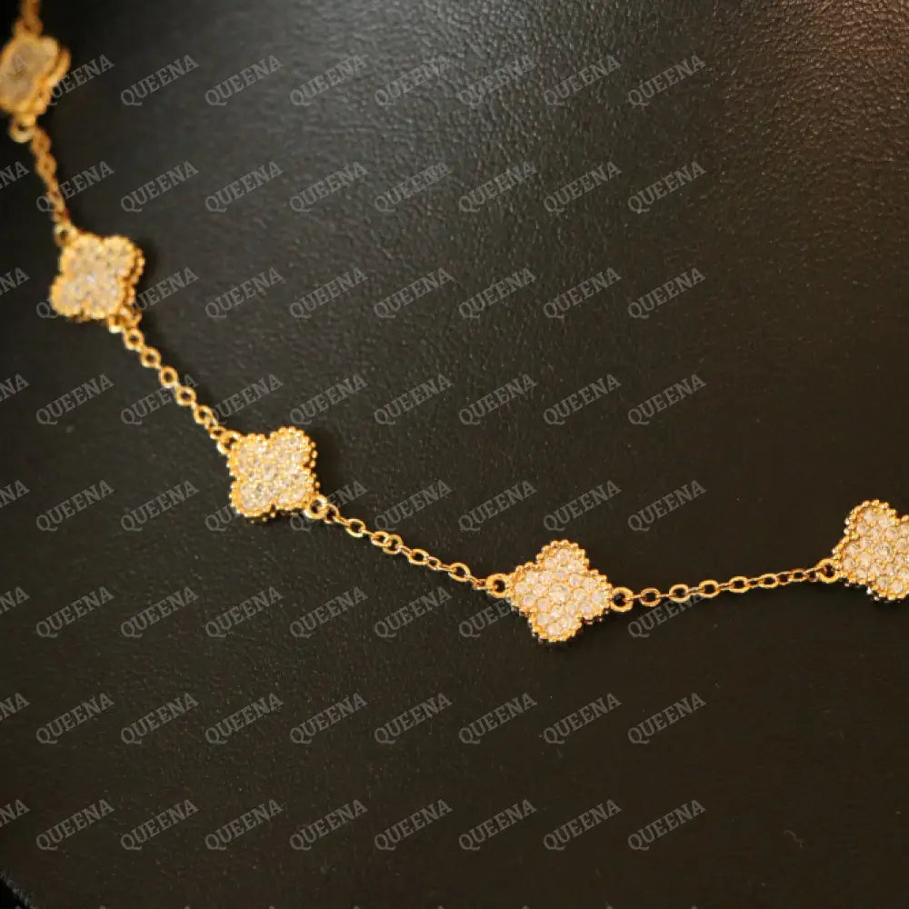 Luxury Golden ROSA Floral Jewelry Set with 10 Mini Clover Flowers (Necklace + Bracelet) Studded with Full Zircon