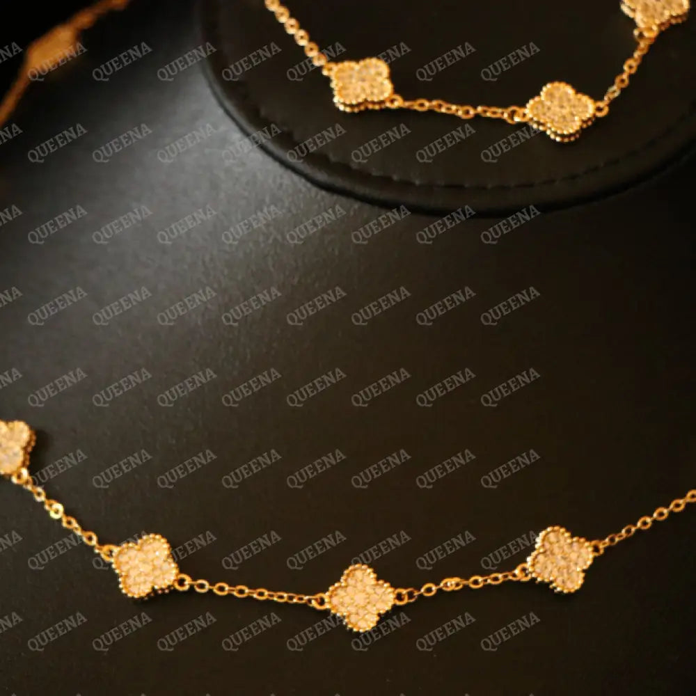 Luxury Golden ROSA Floral Jewelry Set with 10 Mini Clover Flowers Necklaces