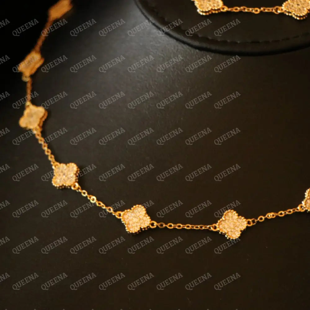 Luxury Golden ROSA Floral Jewelry Set with 10 Mini Clover Flowers Necklaces