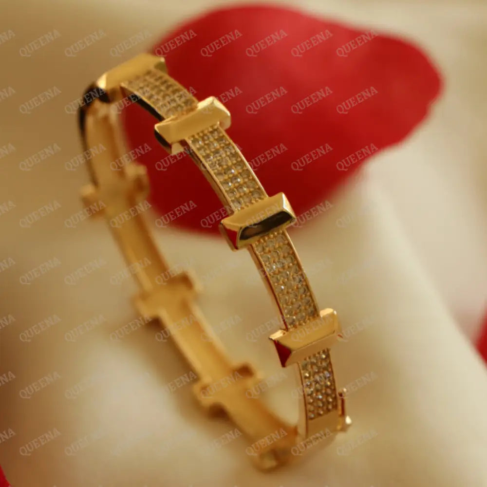 Luxury Golden Tetiana Bangle Bracelet- Studded With Zircon Stones Side Plain Other - High Quality