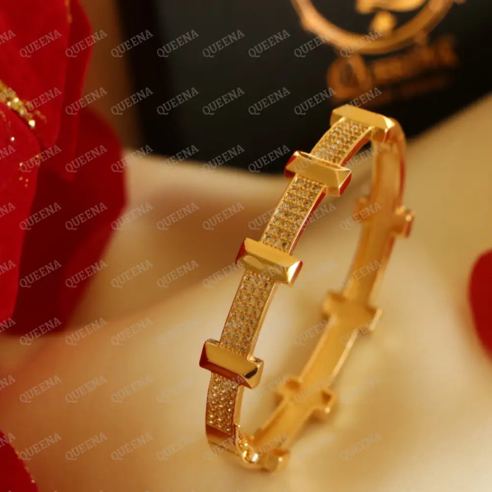 Luxury Golden Tetiana Bangle Bracelet- Studded With Zircon Stones Side Plain Other - High Quality