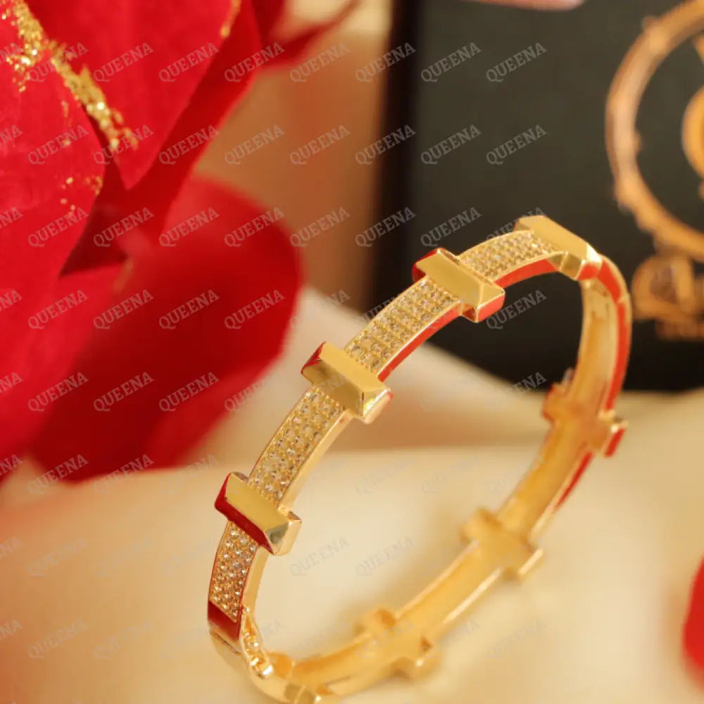 Luxury Golden Tetiana Bangle Bracelet- Studded With Zircon Stones Side Plain Other - High Quality