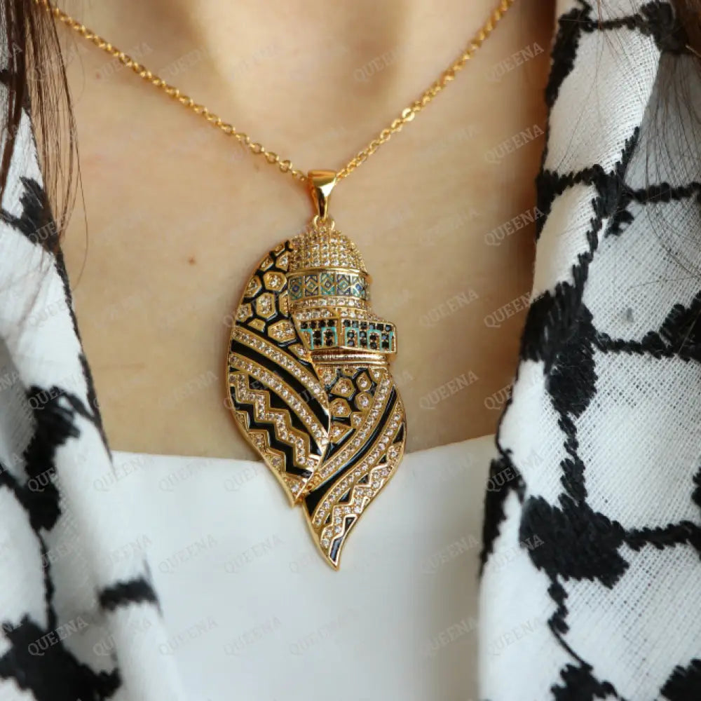 Luxury Golden Zircon Al-Quds Necklace -Pendant Of The Al-Aqsa Mosque With Palestinian Keffiyeh