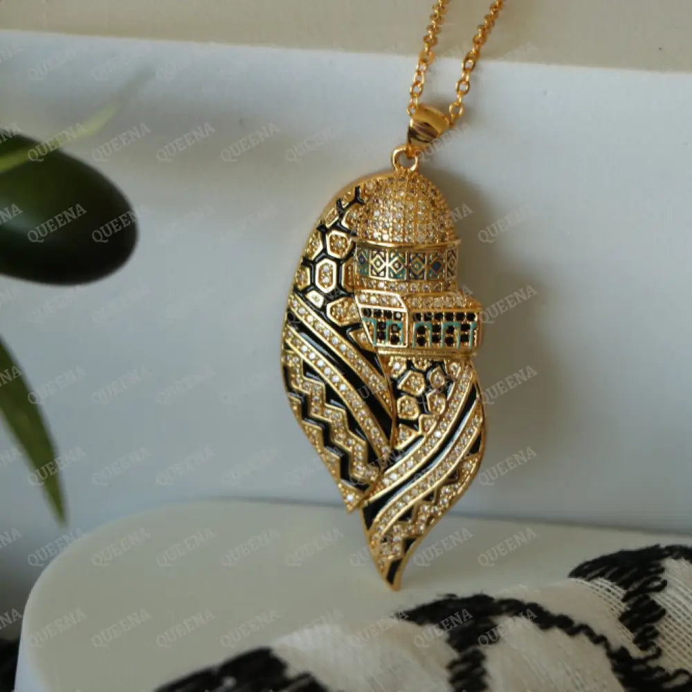 Luxury Golden Zircon Al-Quds Necklace -Pendant Of The Al-Aqsa Mosque With Palestinian Keffiyeh