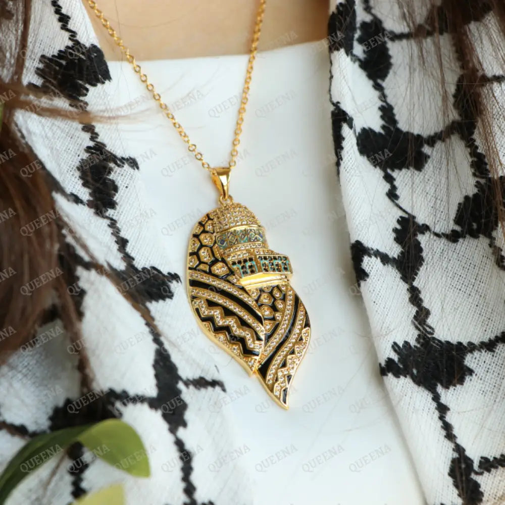 Luxury Golden Zircon Al-Quds Necklace -Pendant Of The Al-Aqsa Mosque With Palestinian Keffiyeh