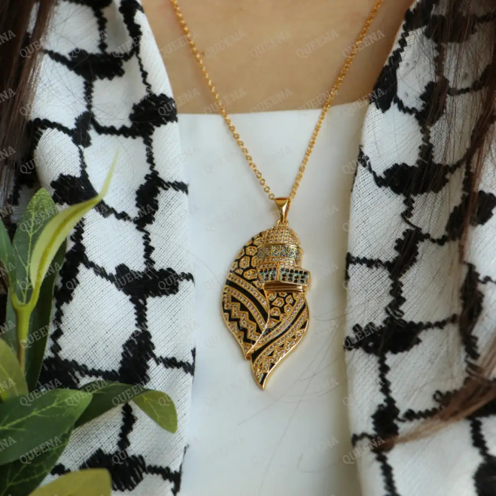 Luxury Golden Zircon Al-Quds Necklace -Pendant Of The Al-Aqsa Mosque With Palestinian Keffiyeh