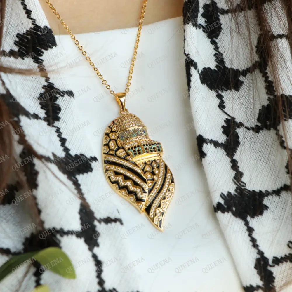 Luxury Golden Zircon Al-Quds Necklace -Pendant Of The Al-Aqsa Mosque With Palestinian Keffiyeh