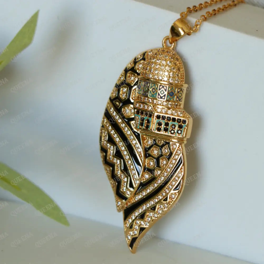 Luxury Golden Zircon Al-Quds Necklace -Pendant Of The Al-Aqsa Mosque With Palestinian Keffiyeh