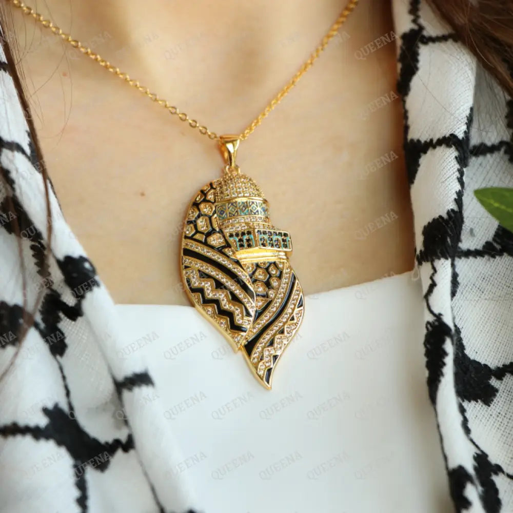 Luxury Golden Zircon Al-Quds Necklace -Pendant Of The Al-Aqsa Mosque With Palestinian Keffiyeh