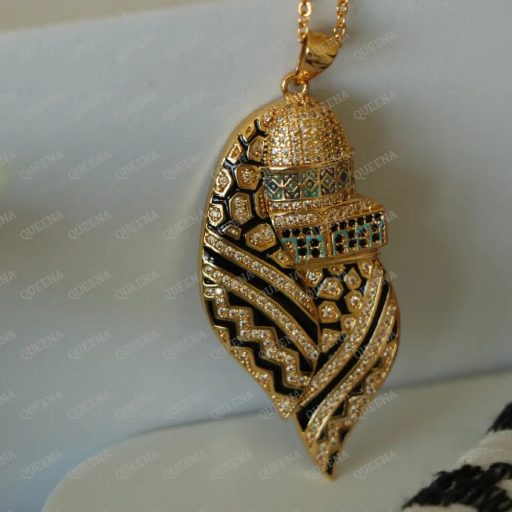 Luxury Golden Zircon Al-Quds Necklace -Pendant Of The Al-Aqsa Mosque With Palestinian Keffiyeh