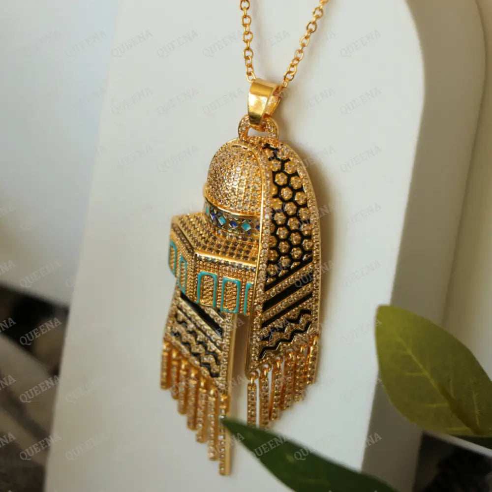Luxury Golden Zircon Necklace Al-Aqsa Mosque With Palestinian Keffiyeh Scarf - Pendant Necklaces