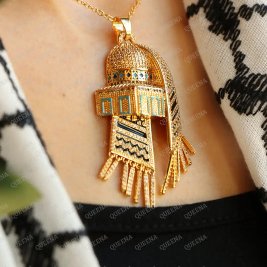 Luxury Golden Zircon Necklace Al-Aqsa Mosque With Palestinian Keffiyeh Scarf - Pendant Necklaces