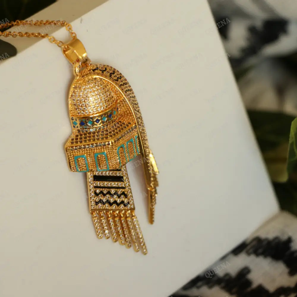 Luxury Golden Zircon Necklace Al-Aqsa Mosque With Palestinian Keffiyeh Scarf - Pendant Necklaces