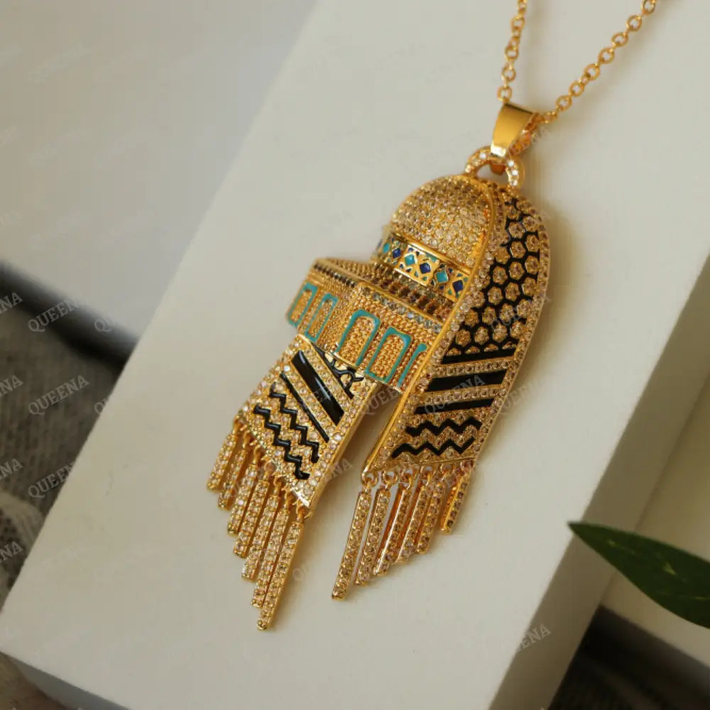 Luxury Golden Zircon Necklace Al-Aqsa Mosque With Palestinian Keffiyeh Scarf - Pendant Necklaces