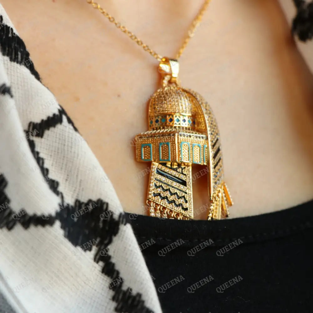 Luxury Golden Zircon Necklace Al-Aqsa Mosque With Palestinian Keffiyeh Scarf - Pendant Necklaces