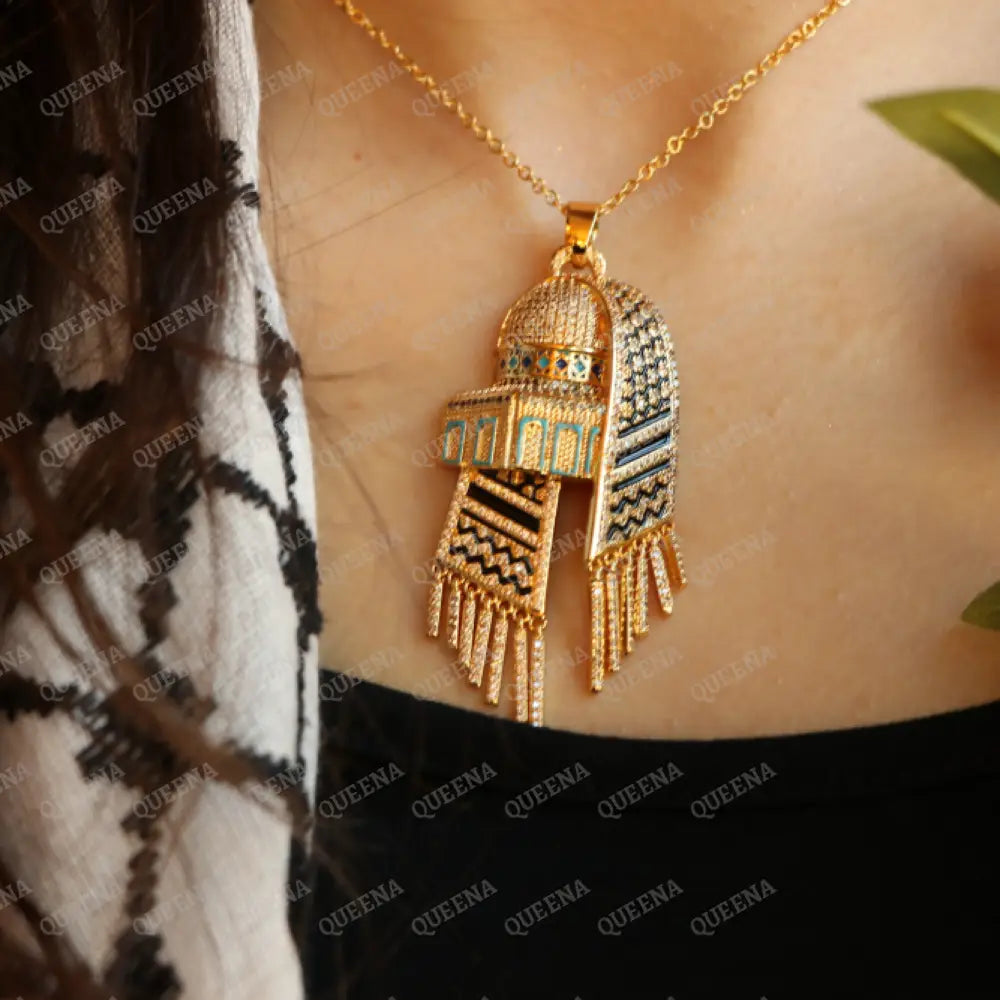 Luxury Golden Zircon Necklace Al-Aqsa Mosque With Palestinian Keffiyeh Scarf - Pendant Necklaces