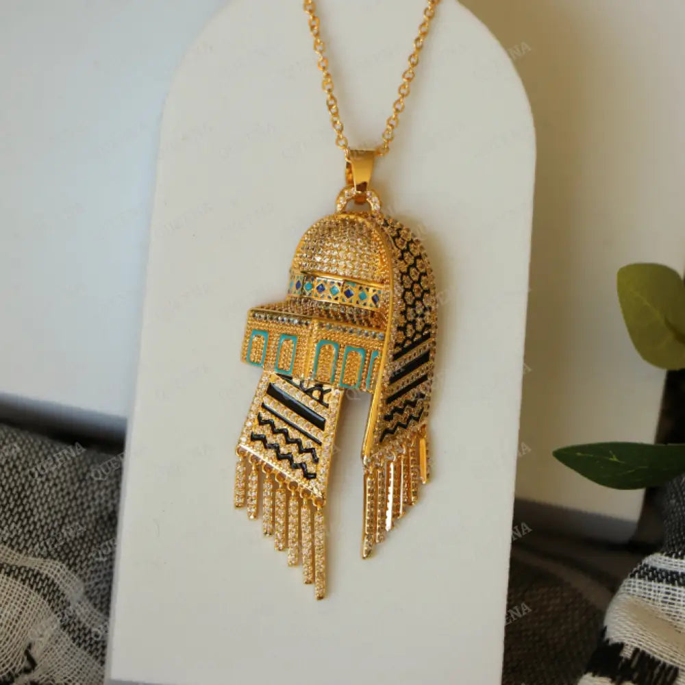 Luxury Golden Zircon Necklace Al-Aqsa Mosque With Palestinian Keffiyeh Scarf - Pendant Necklaces