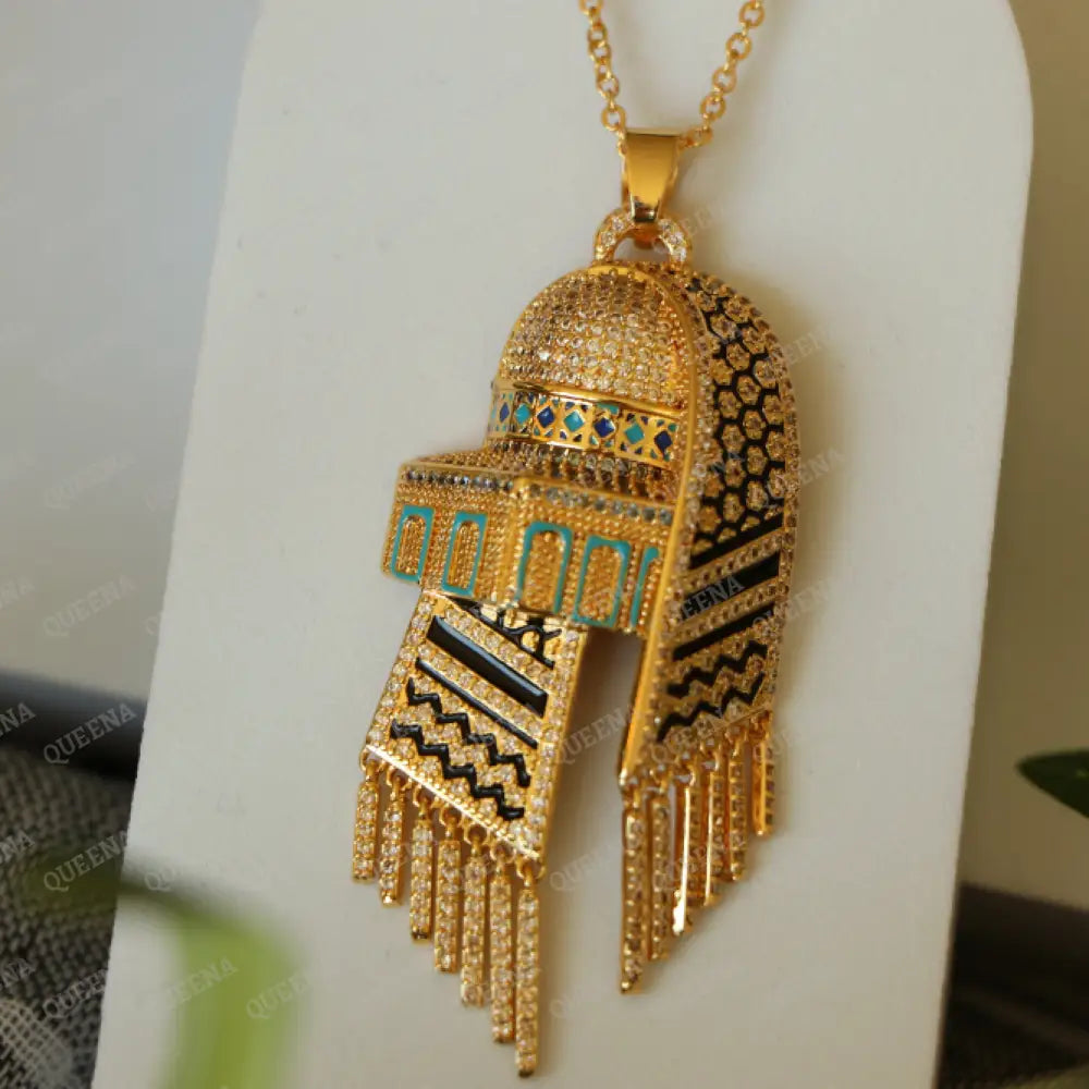 Luxury Golden Zircon Necklace Al-Aqsa Mosque With Palestinian Keffiyeh Scarf - Pendant Necklaces