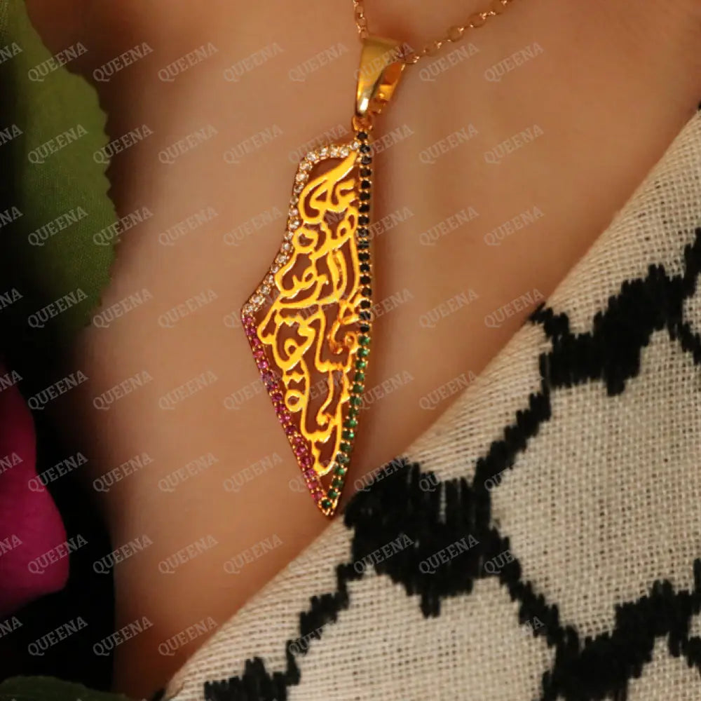 Luxury Golden Zircon Palestine Country Map Necklace in the Colors of the Palestinian Flag Written on it (On this earth