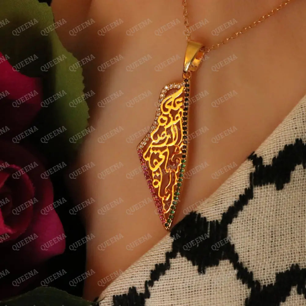 Luxury Golden Zircon Palestine Country Map Necklace in the Colors of the Palestinian Flag Written on it (On this earth