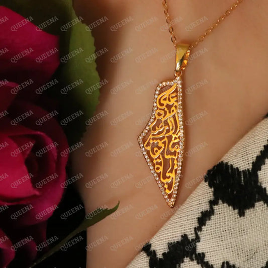 Luxury Golden Zircon Palestine Country Map Necklace Written on it (On this earth there is that which deserves life)