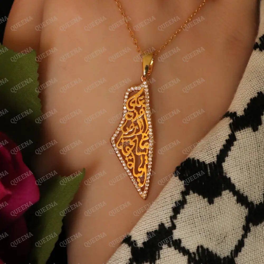 Luxury Golden Zircon Palestine Country Map Necklace Written on it (On this earth there is that which deserves life)