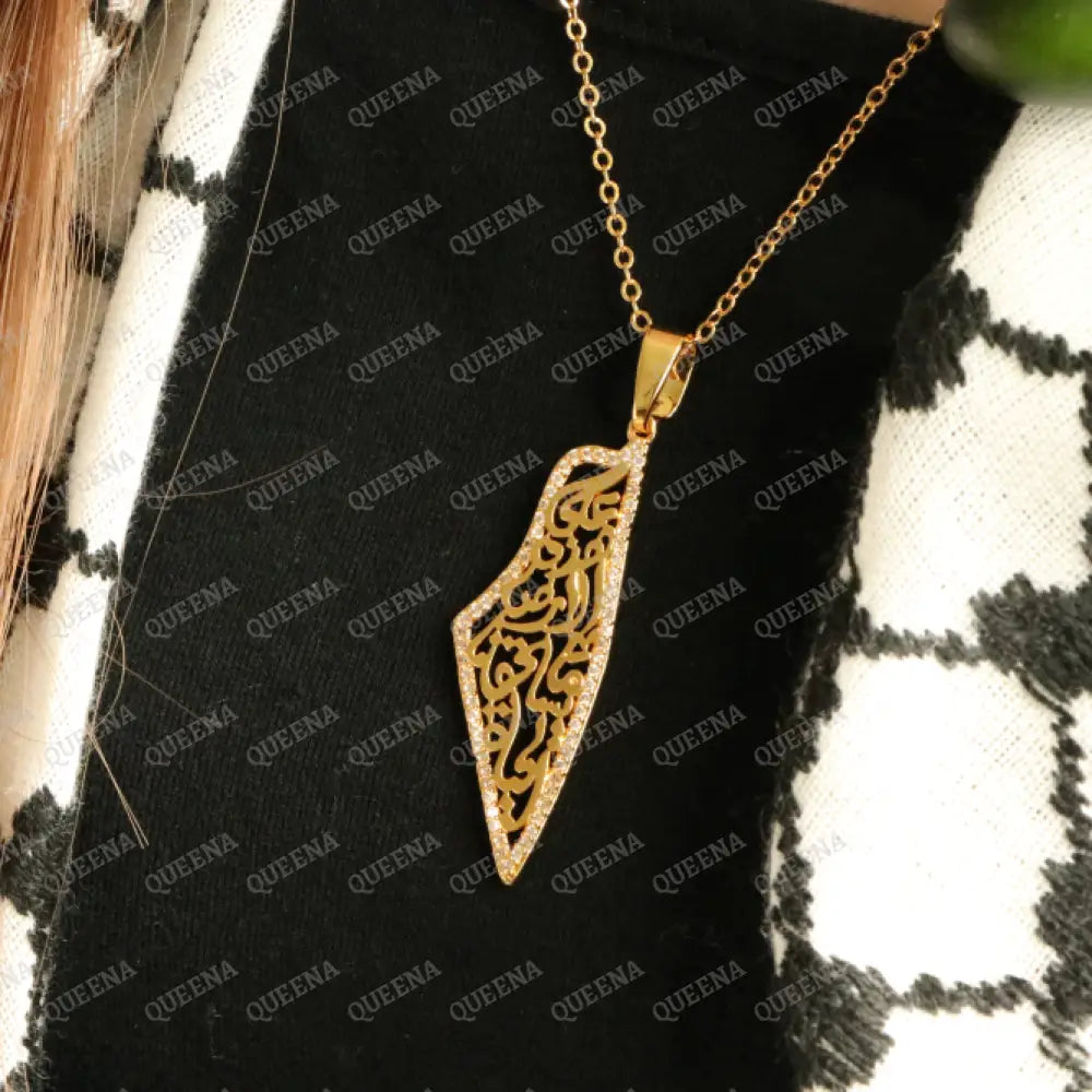 Luxury Golden Zircon Palestine Country Map Necklace Written on it (On this earth there is that which deserves life)