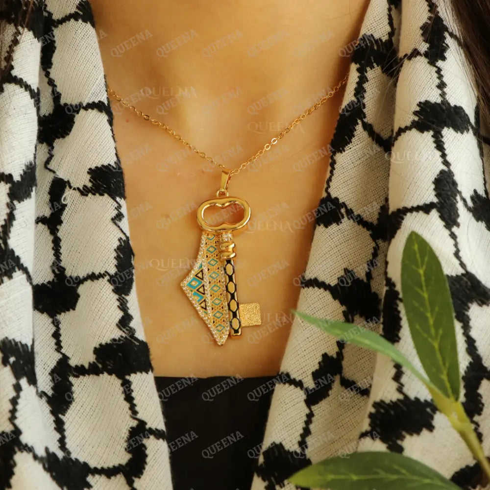 Luxury Golden Zircon Return Key With Palestine Country Map In Palestinian Embroidery Colors -