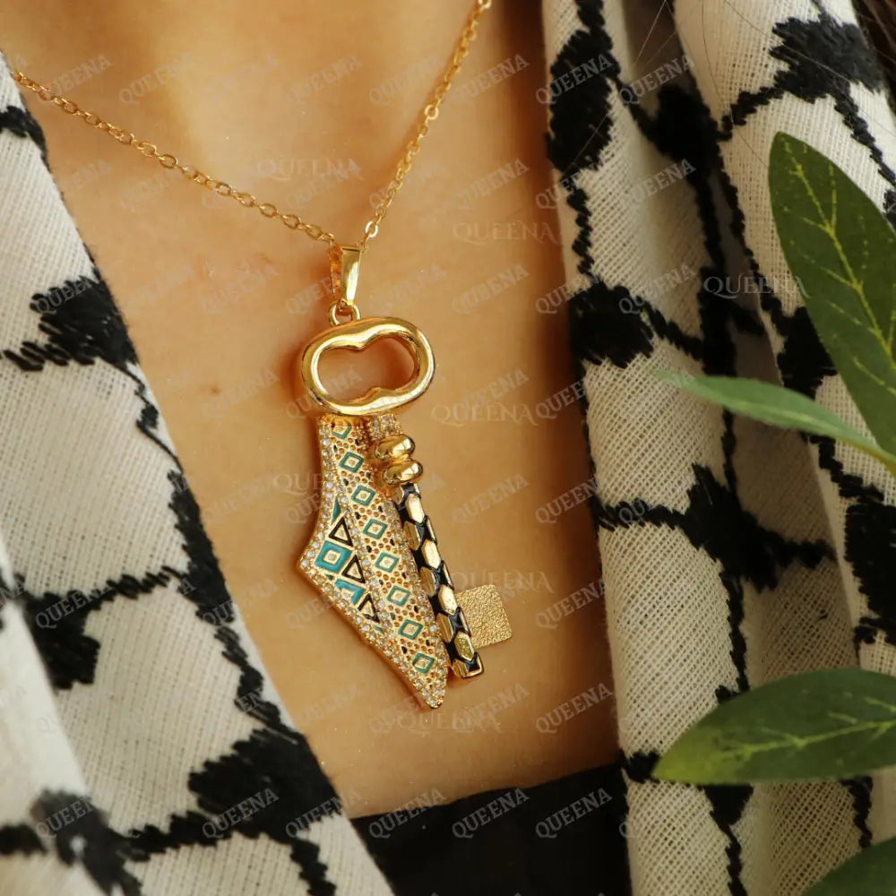 Luxury Golden Zircon Return Key With Palestine Country Map In Palestinian Embroidery Colors -