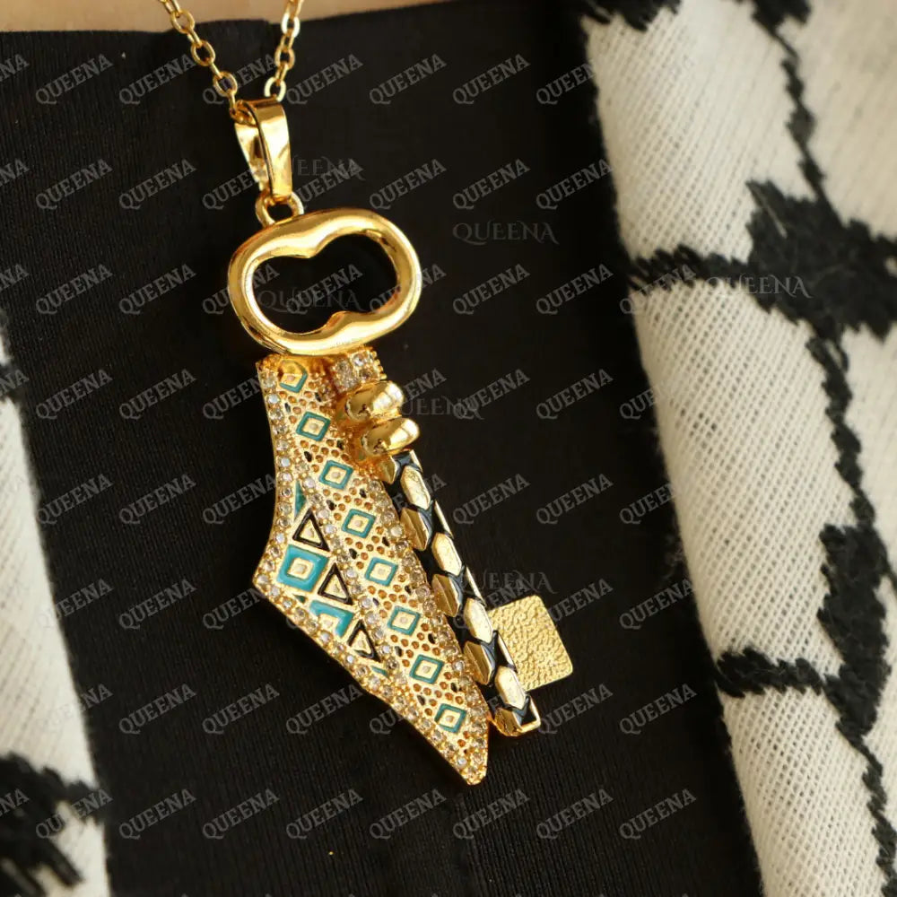 Luxury Golden Zircon Return Key With Palestine Country Map In Palestinian Embroidery Colors -