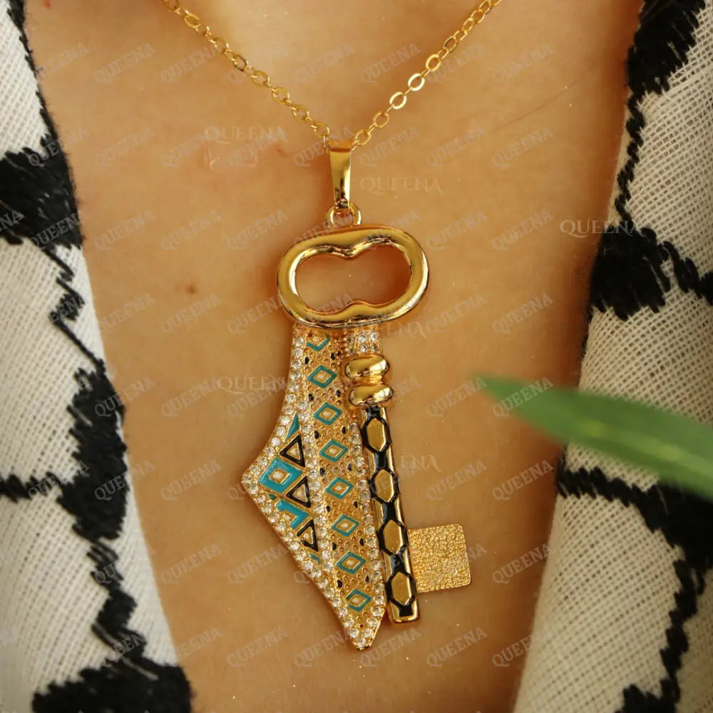 Luxury Golden Zircon Return Key With Palestine Country Map In Palestinian Embroidery Colors -