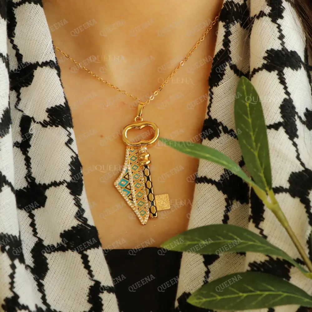 Luxury Golden Zircon Return Key With Palestine Country Map In Palestinian Embroidery Colors -