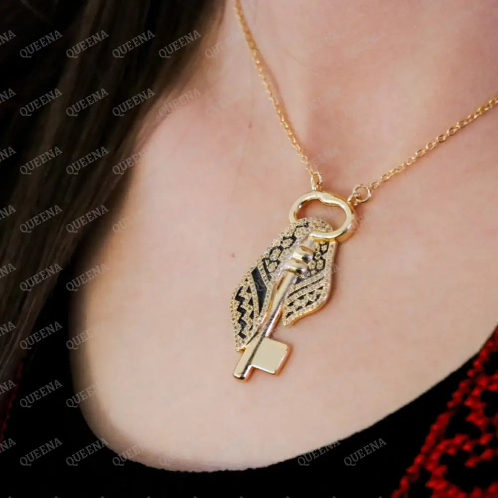 Luxury Golden Zircon Return Key With Palestinian Keffiyeh Pendant Necklace Necklaces