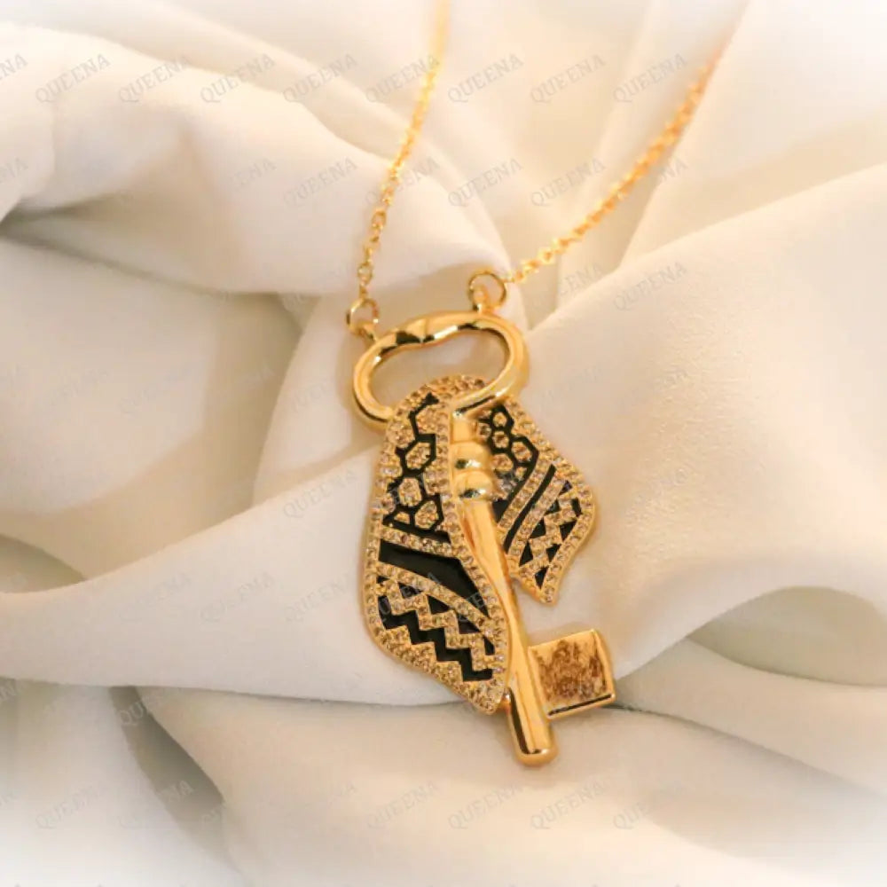 Luxury Golden Zircon Return Key With Palestinian Keffiyeh Pendant Necklace Necklaces
