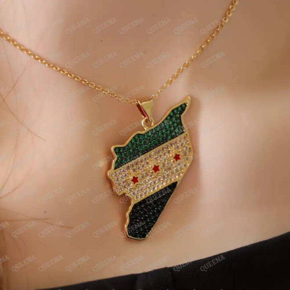 Luxury Golden Zircon SYRIA Country Map Necklace with Green SYRIAN Flag Colors - Pendant Necklace Necklaces