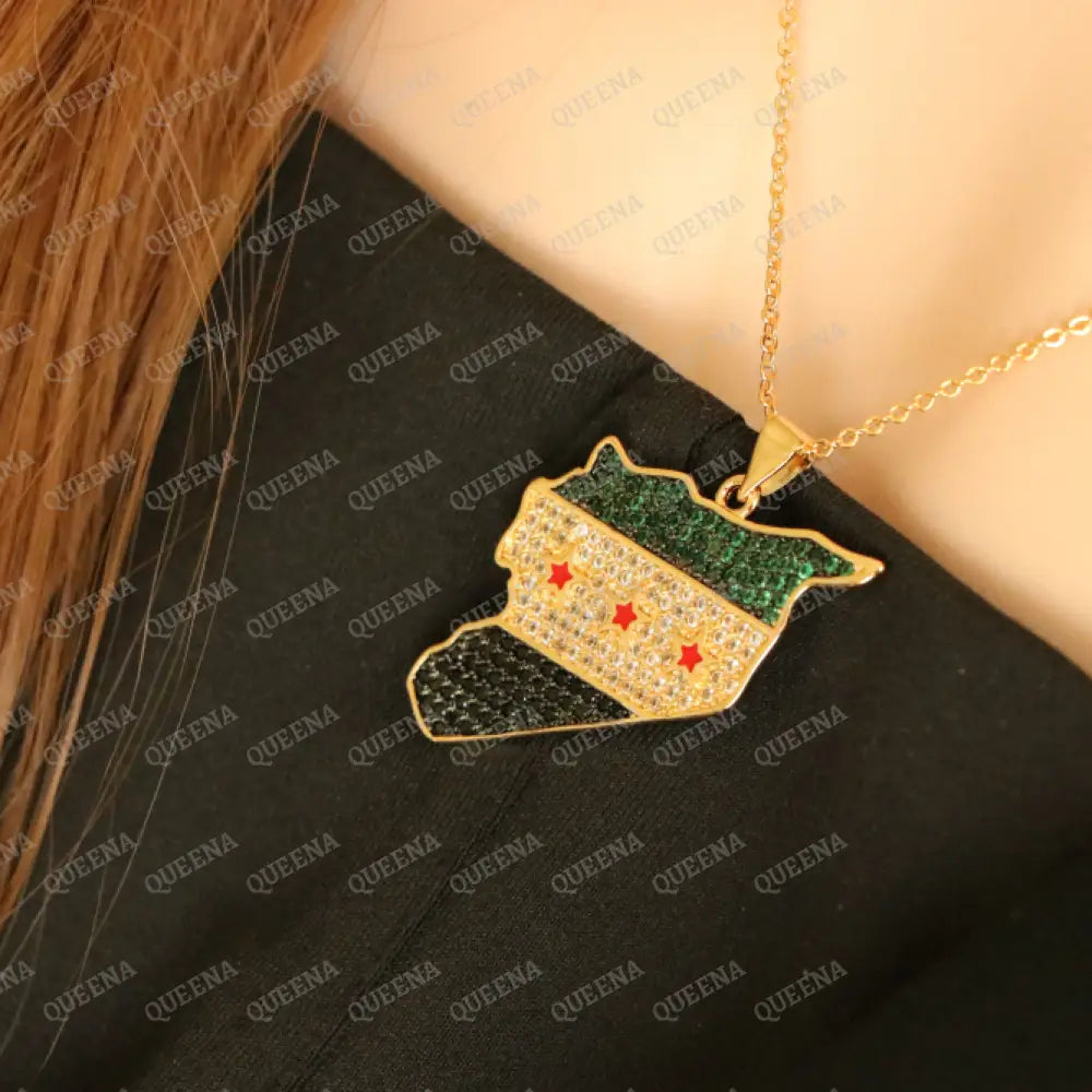 Luxury Golden Zircon SYRIA Country Map Necklace with Green SYRIAN Flag Colors - Pendant Necklace Necklaces